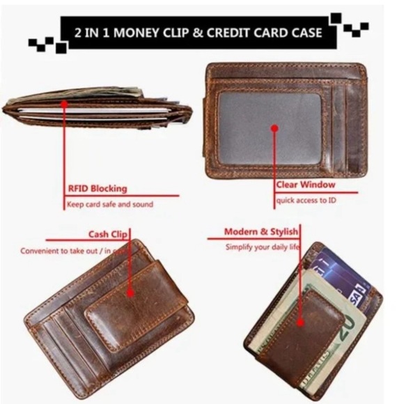 Slim Minimalist Leather RFID Blocking Money Clip & Card Holder - Picture 3 of 4